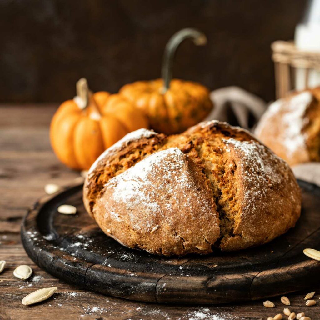 Kürbisbrot wird auf einem Holzbrett präsentiert.